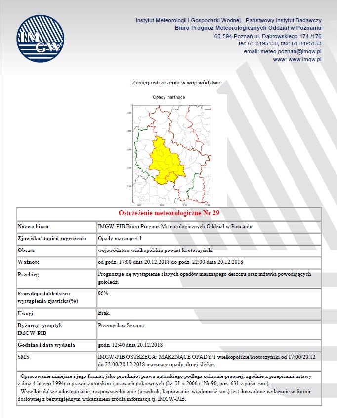 Ostrzeżenie meteorologiczne marznące opady drogi śliskie