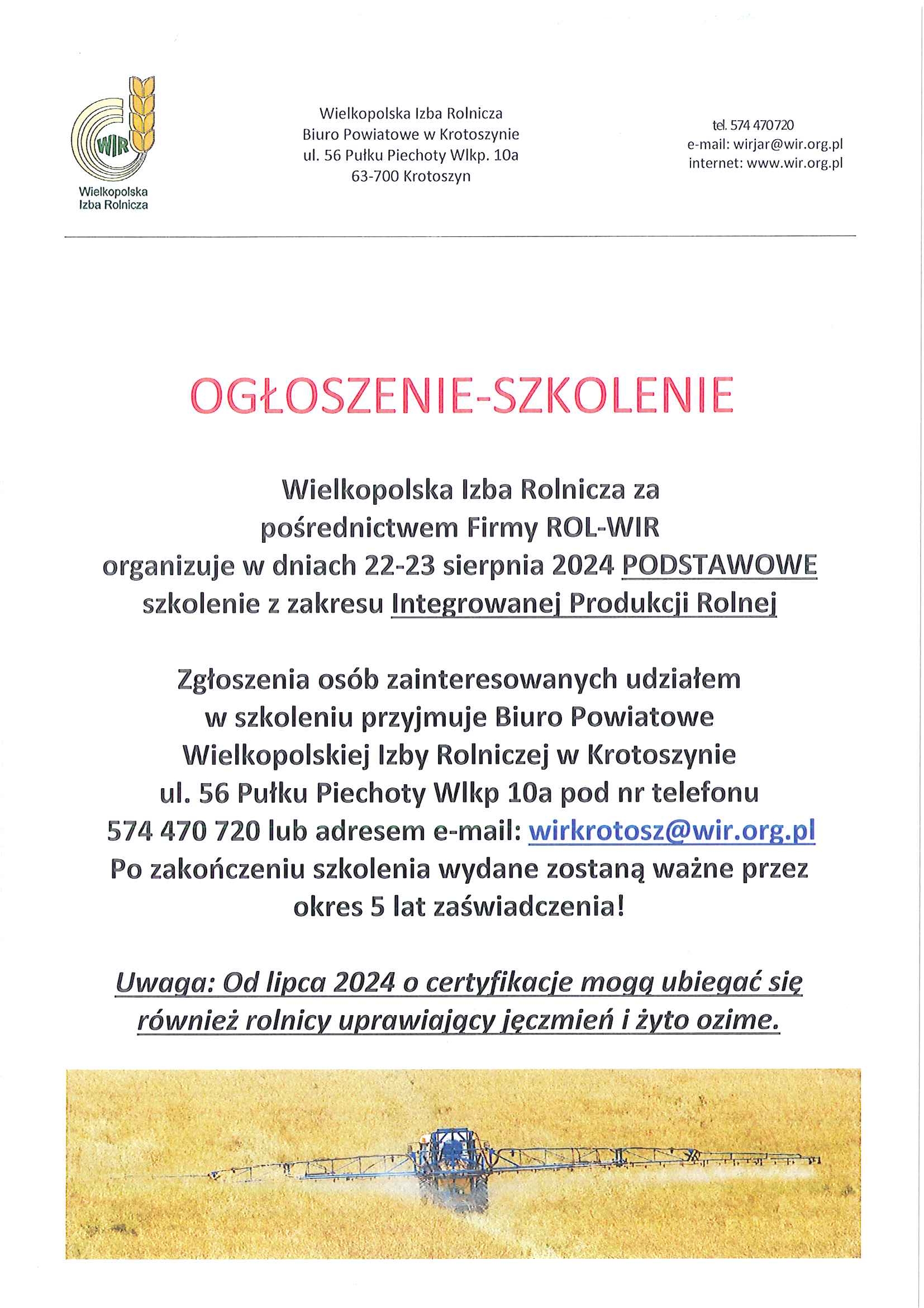 Ogłoszenie - Szkolenie z zakresu Integrowanej Produkcji Rolnej