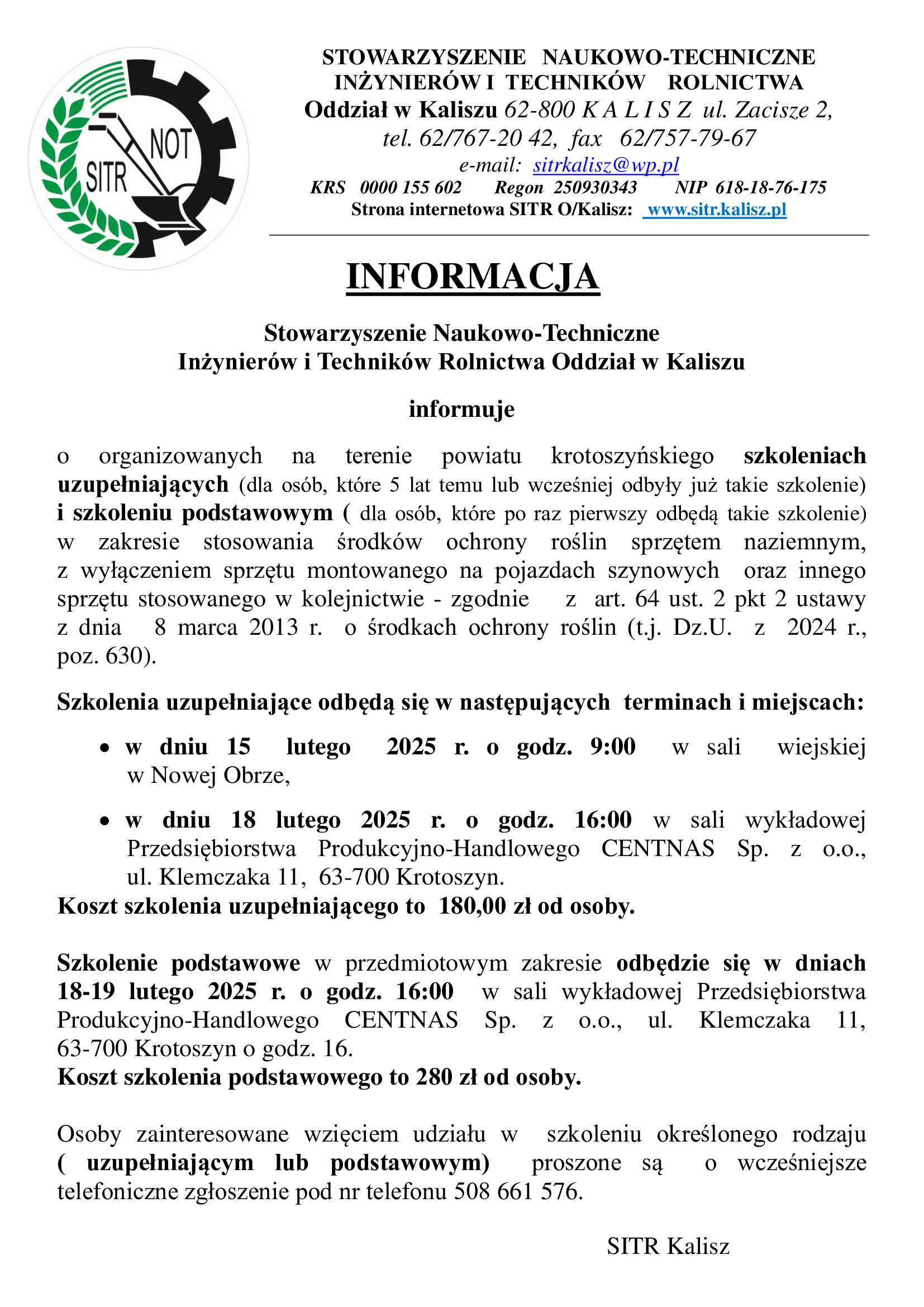 Informacja o szkoleniu podstawowym dla rolników